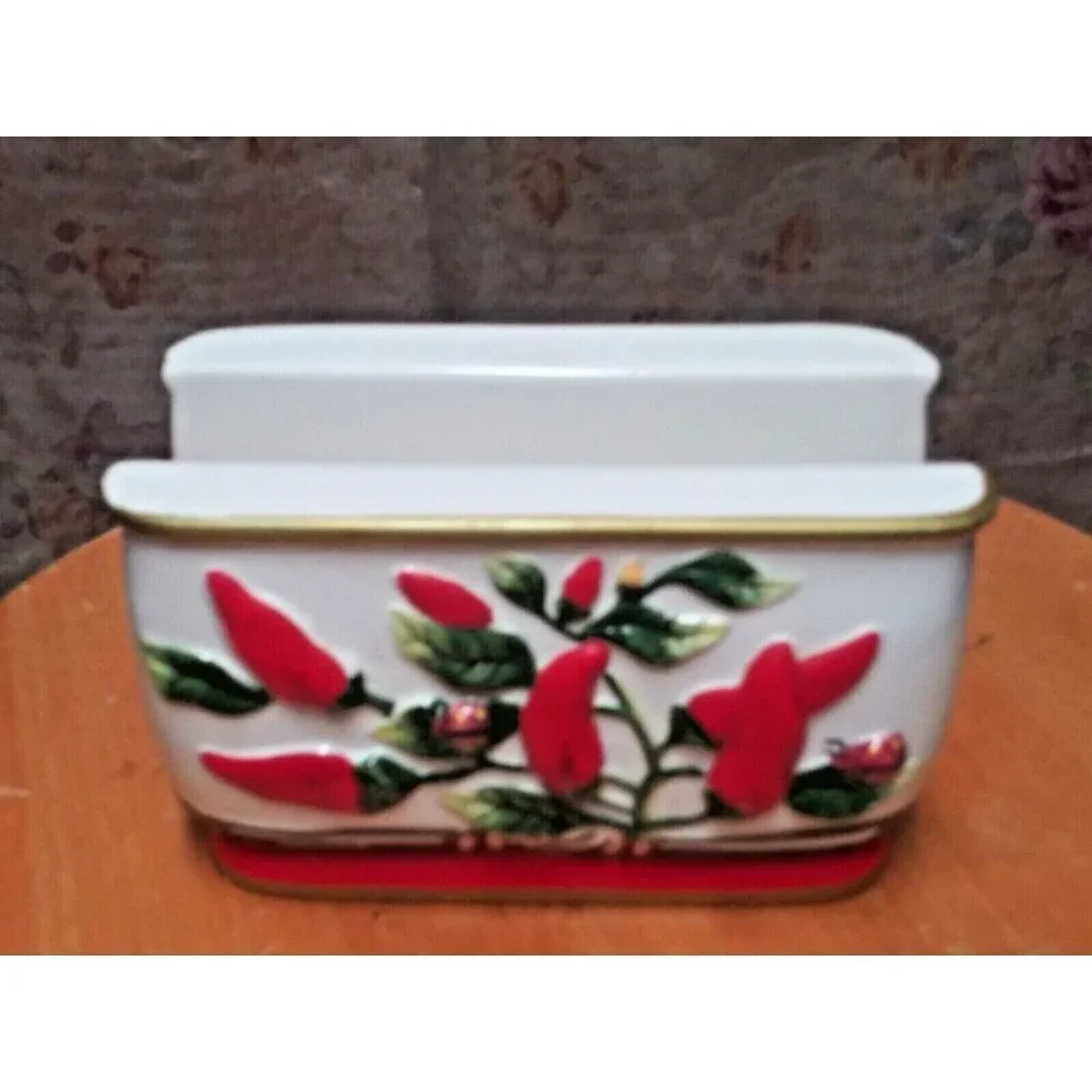 Vintage ceramic Napkin Holder red pepper red chillies embossed Unique Rare EUC